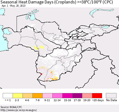 Central Asia Seasonal Heat Damage Days (Croplands) >=38°C/100°F (CPC) Thematic Map For 4/1/2023 - 5/20/2023