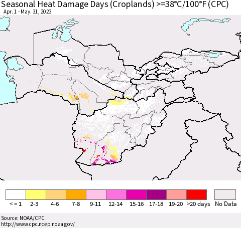 Central Asia Seasonal Heat Damage Days (Croplands) >=38°C/100°F (CPC) Thematic Map For 4/1/2023 - 5/31/2023