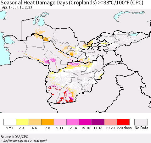 Central Asia Seasonal Heat Damage Days (Croplands) >=38°C/100°F (CPC) Thematic Map For 4/1/2023 - 6/10/2023