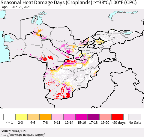Central Asia Seasonal Heat Damage Days (Croplands) >=38°C/100°F (CPC) Thematic Map For 4/1/2023 - 6/20/2023