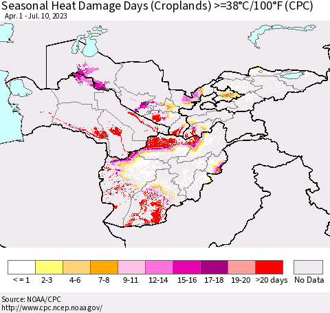 Central Asia Seasonal Heat Damage Days (Croplands) >=38°C/100°F (CPC) Thematic Map For 4/1/2023 - 7/10/2023