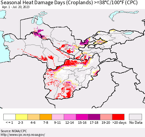 Central Asia Seasonal Heat Damage Days (Croplands) >=38°C/100°F (CPC) Thematic Map For 4/1/2023 - 7/20/2023