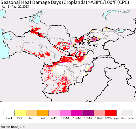 Central Asia Seasonal Heat Damage Days (Croplands) >=38°C/100°F (CPC) Thematic Map For 4/1/2023 - 8/20/2023