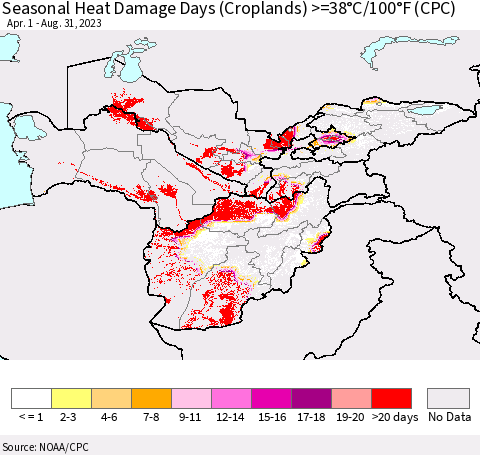 Central Asia Seasonal Heat Damage Days (Croplands) >=38°C/100°F (CPC) Thematic Map For 4/1/2023 - 8/31/2023