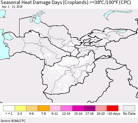 Central Asia Seasonal Heat Damage Days (Croplands) >=38°C/100°F (CPC) Thematic Map For 4/1/2024 - 4/10/2024