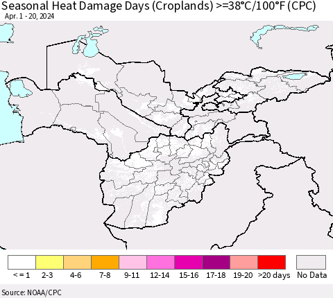 Central Asia Seasonal Heat Damage Days (Croplands) >=38°C/100°F (CPC) Thematic Map For 4/1/2024 - 4/20/2024