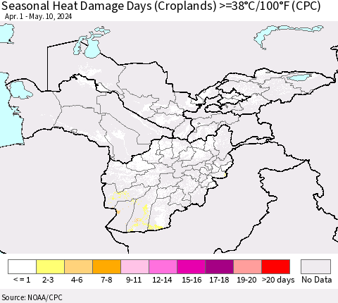 Central Asia Seasonal Heat Damage Days (Croplands) >=38°C/100°F (CPC) Thematic Map For 4/1/2024 - 5/10/2024