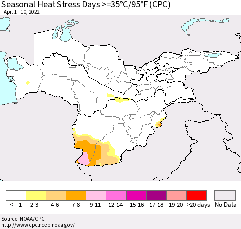 Central Asia Seasonal Heat Stress Days >=35°C/95°F (CPC) Thematic Map For 4/1/2022 - 4/10/2022