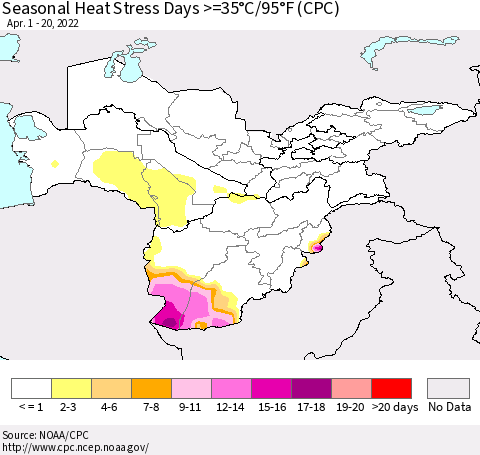 Central Asia Seasonal Heat Stress Days >=35°C/95°F (CPC) Thematic Map For 4/1/2022 - 4/20/2022