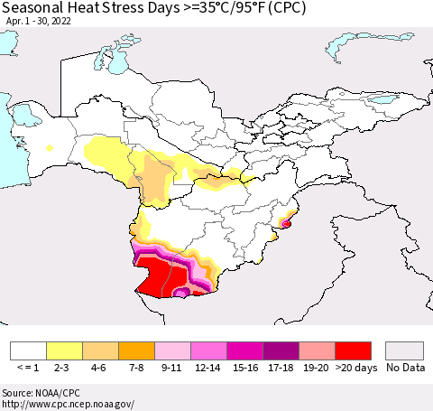 Central Asia Seasonal Heat Stress Days >=35°C/95°F (CPC) Thematic Map For 4/1/2022 - 4/30/2022