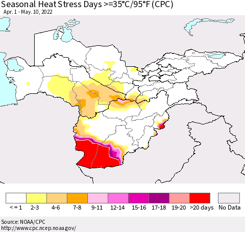 Central Asia Seasonal Heat Stress Days >=35°C/95°F (CPC) Thematic Map For 4/1/2022 - 5/10/2022