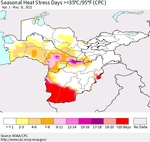 Central Asia Seasonal Heat Stress Days >=35°C/95°F (CPC) Thematic Map For 4/1/2022 - 5/31/2022