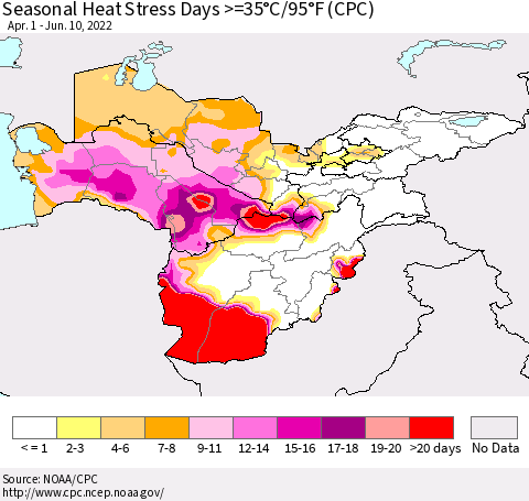 Central Asia Seasonal Heat Stress Days >=35°C/95°F (CPC) Thematic Map For 4/1/2022 - 6/10/2022
