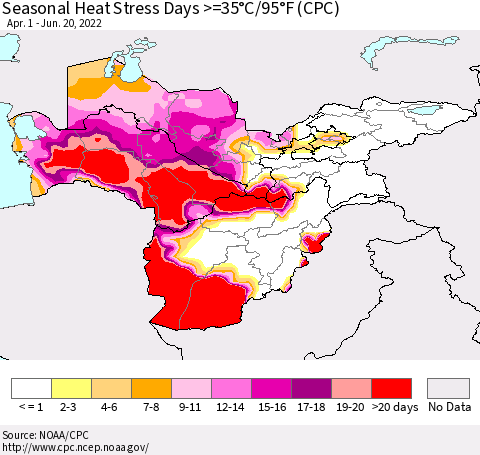Central Asia Seasonal Heat Stress Days >=35°C/95°F (CPC) Thematic Map For 4/1/2022 - 6/20/2022