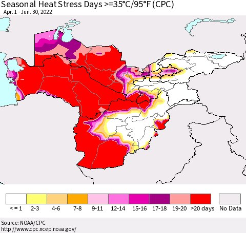 Central Asia Seasonal Heat Stress Days >=35°C/95°F (CPC) Thematic Map For 4/1/2022 - 6/30/2022