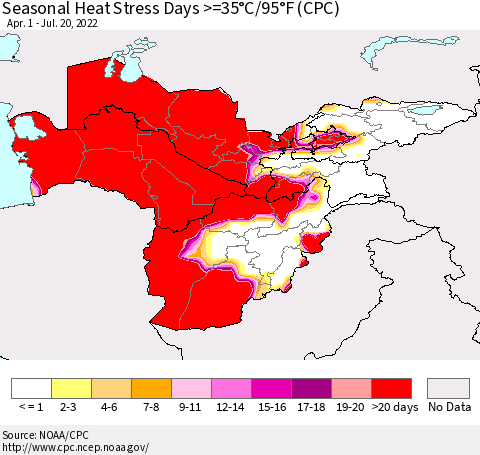 Central Asia Seasonal Heat Stress Days >=35°C/95°F (CPC) Thematic Map For 4/1/2022 - 7/20/2022