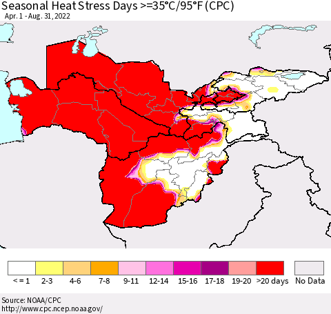 Central Asia Seasonal Heat Stress Days >=35°C/95°F (CPC) Thematic Map For 4/1/2022 - 8/31/2022