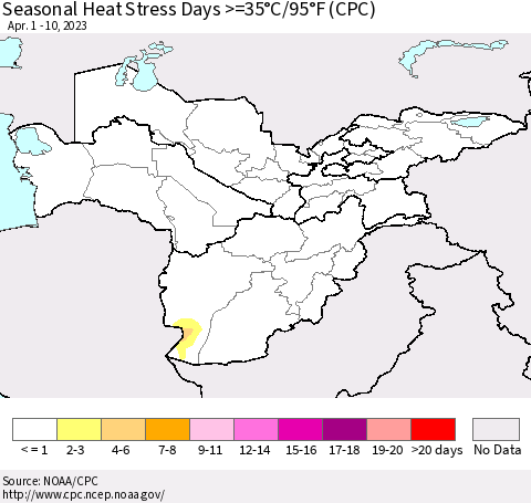 Central Asia Seasonal Heat Stress Days >=35°C/95°F (CPC) Thematic Map For 4/1/2023 - 4/10/2023