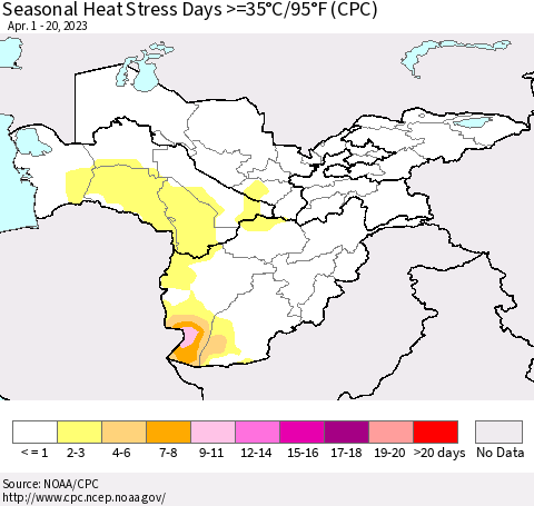 Central Asia Seasonal Heat Stress Days >=35°C/95°F (CPC) Thematic Map For 4/1/2023 - 4/20/2023