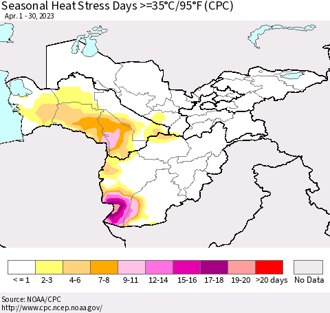 Central Asia Seasonal Heat Stress Days >=35°C/95°F (CPC) Thematic Map For 4/1/2023 - 4/30/2023