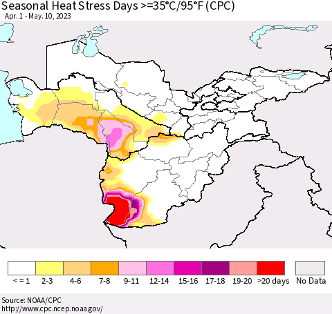 Central Asia Seasonal Heat Stress Days >=35°C/95°F (CPC) Thematic Map For 4/1/2023 - 5/10/2023