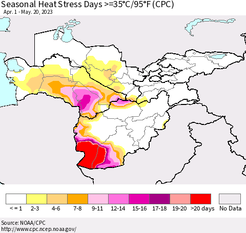 Central Asia Seasonal Heat Stress Days >=35°C/95°F (CPC) Thematic Map For 4/1/2023 - 5/20/2023