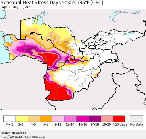 Central Asia Seasonal Heat Stress Days >=35°C/95°F (CPC) Thematic Map For 4/1/2023 - 5/31/2023