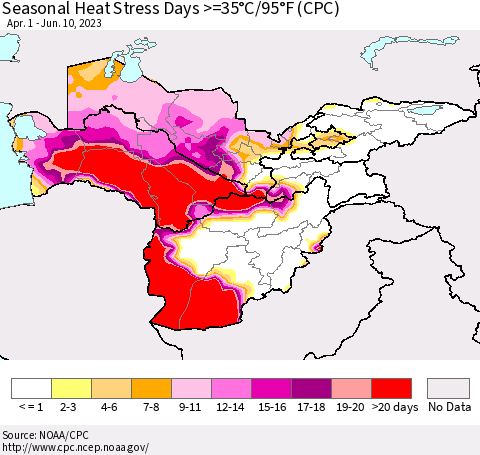 Central Asia Seasonal Heat Stress Days >=35°C/95°F (CPC) Thematic Map For 4/1/2023 - 6/10/2023