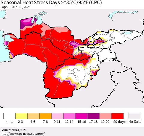 Central Asia Seasonal Heat Stress Days >=35°C/95°F (CPC) Thematic Map For 4/1/2023 - 6/30/2023