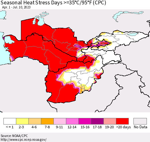 Central Asia Seasonal Heat Stress Days >=35°C/95°F (CPC) Thematic Map For 4/1/2023 - 7/10/2023