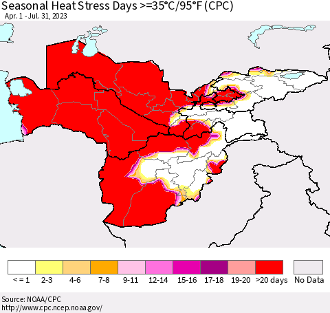 Central Asia Seasonal Heat Stress Days >=35°C/95°F (CPC) Thematic Map For 4/1/2023 - 7/31/2023