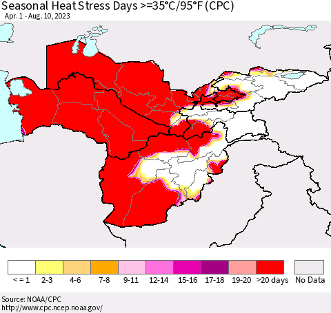 Central Asia Seasonal Heat Stress Days >=35°C/95°F (CPC) Thematic Map For 4/1/2023 - 8/10/2023