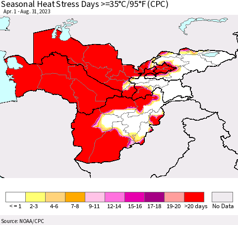 Central Asia Seasonal Heat Stress Days >=35°C/95°F (CPC) Thematic Map For 4/1/2023 - 8/31/2023