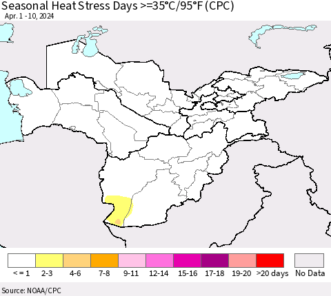 Central Asia Seasonal Heat Stress Days >=35°C/95°F (CPC) Thematic Map For 4/1/2024 - 4/10/2024