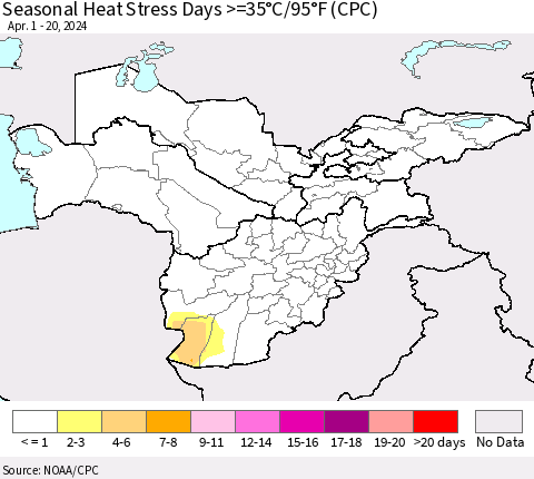 Central Asia Seasonal Heat Stress Days >=35°C/95°F (CPC) Thematic Map For 4/1/2024 - 4/20/2024