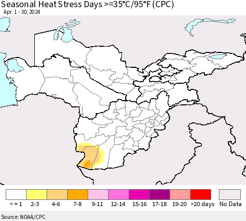 Central Asia Seasonal Heat Stress Days >=35°C/95°F (CPC) Thematic Map For 4/1/2024 - 4/30/2024
