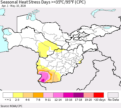 Central Asia Seasonal Heat Stress Days >=35°C/95°F (CPC) Thematic Map For 4/1/2024 - 5/10/2024