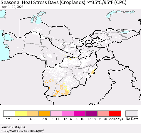 Central Asia Seasonal Heat Stress Days (Croplands) >=35°C/95°F (CPC) Thematic Map For 4/1/2022 - 4/10/2022