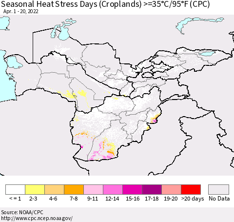 Central Asia Seasonal Heat Stress Days (Croplands) >=35°C/95°F (CPC) Thematic Map For 4/1/2022 - 4/20/2022