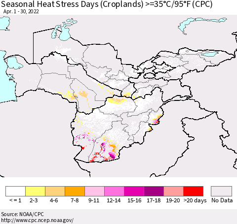 Central Asia Seasonal Heat Stress Days (Croplands) >=35°C/95°F (CPC) Thematic Map For 4/1/2022 - 4/30/2022