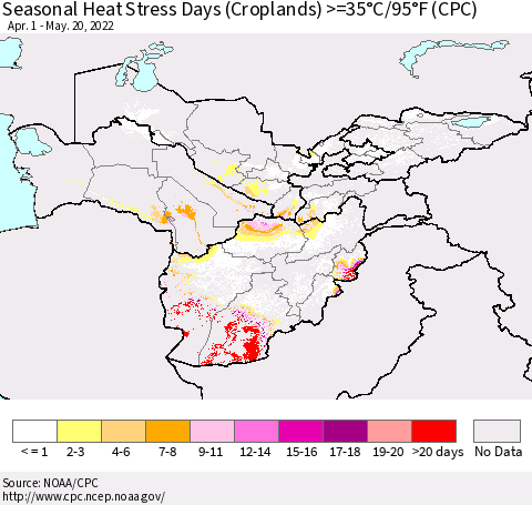 Central Asia Seasonal Heat Stress Days (Croplands) >=35°C/95°F (CPC) Thematic Map For 4/1/2022 - 5/20/2022