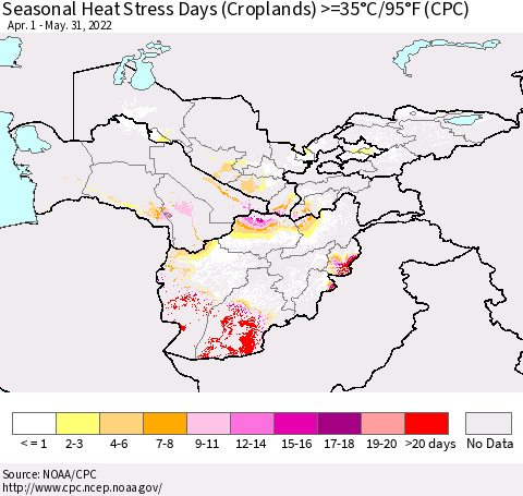 Central Asia Seasonal Heat Stress Days (Croplands) >=35°C/95°F (CPC) Thematic Map For 4/1/2022 - 5/31/2022