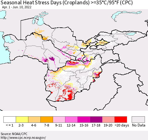 Central Asia Seasonal Heat Stress Days (Croplands) >=35°C/95°F (CPC) Thematic Map For 4/1/2022 - 6/10/2022