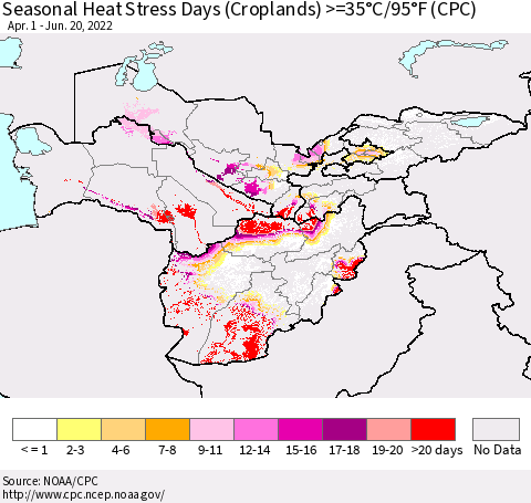 Central Asia Seasonal Heat Stress Days (Croplands) >=35°C/95°F (CPC) Thematic Map For 4/1/2022 - 6/20/2022