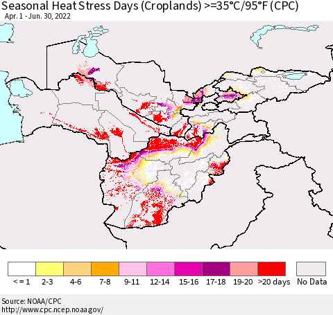 Central Asia Seasonal Heat Stress Days (Croplands) >=35°C/95°F (CPC) Thematic Map For 4/1/2022 - 6/30/2022