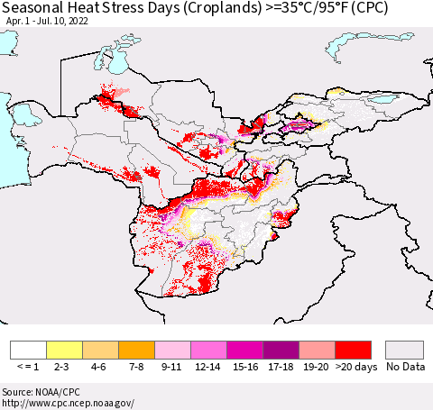 Central Asia Seasonal Heat Stress Days (Croplands) >=35°C/95°F (CPC) Thematic Map For 4/1/2022 - 7/10/2022