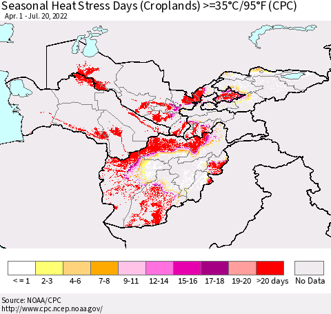 Central Asia Seasonal Heat Stress Days (Croplands) >=35°C/95°F (CPC) Thematic Map For 4/1/2022 - 7/20/2022