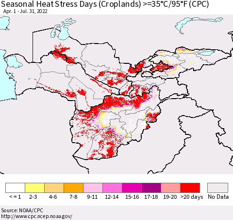 Central Asia Seasonal Heat Stress Days (Croplands) >=35°C/95°F (CPC) Thematic Map For 4/1/2022 - 7/31/2022