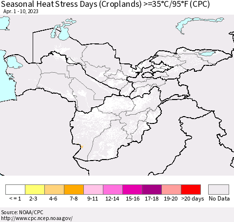 Central Asia Seasonal Heat Stress Days (Croplands) >=35°C/95°F (CPC) Thematic Map For 4/1/2023 - 4/10/2023