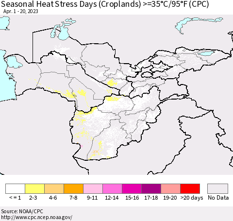 Central Asia Seasonal Heat Stress Days (Croplands) >=35°C/95°F (CPC) Thematic Map For 4/1/2023 - 4/20/2023